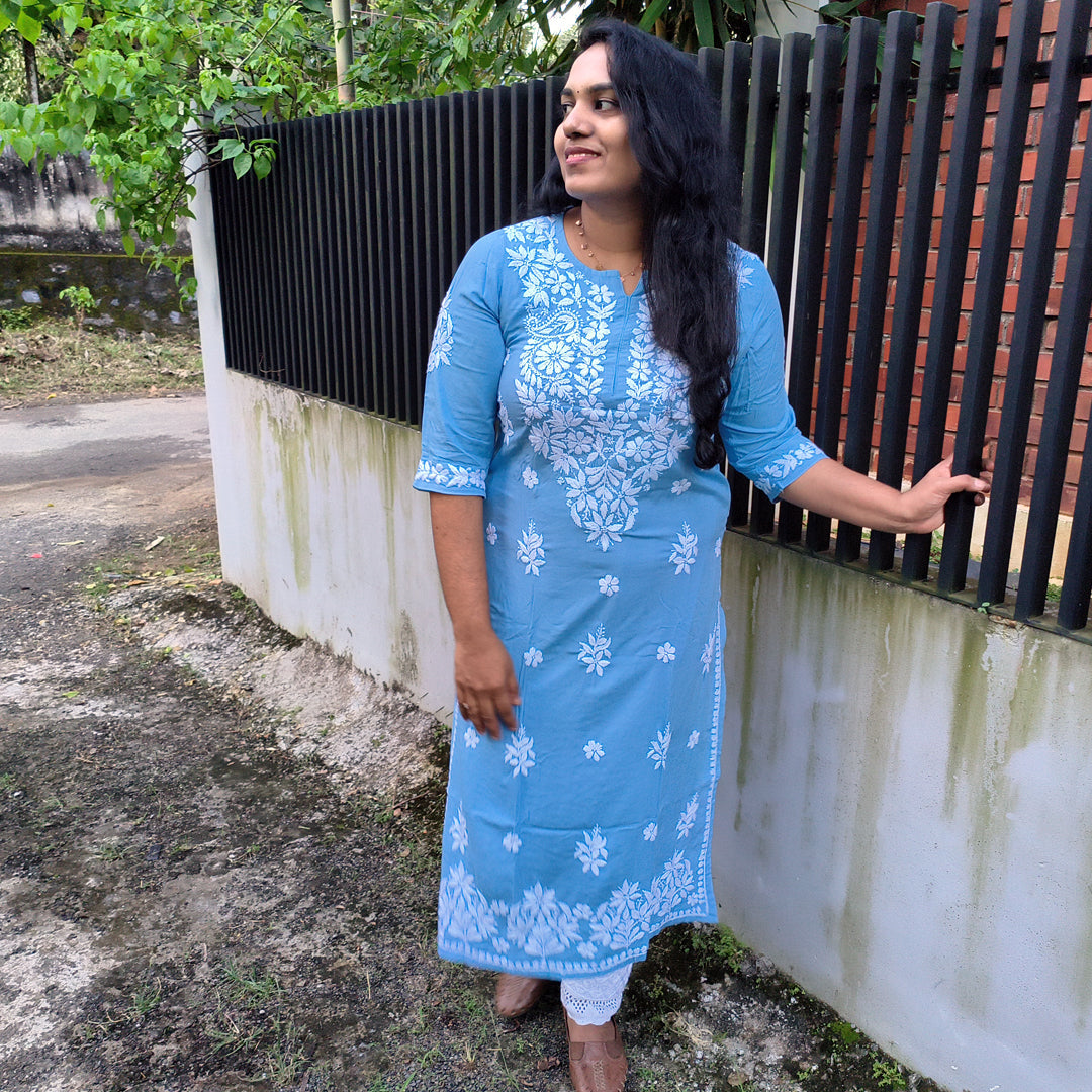 Hand-Chikankari Kurti — Imported Rayon Powder Blue