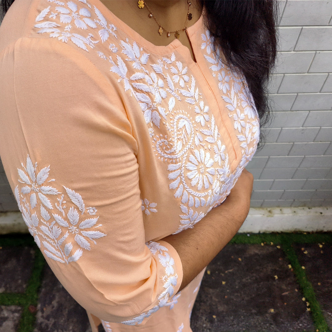 Hand-Chikankari Kurti — Imported Rayon Peach