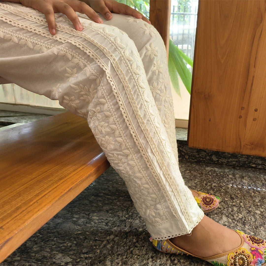 Women's Elegant Beige Chikankari Pant