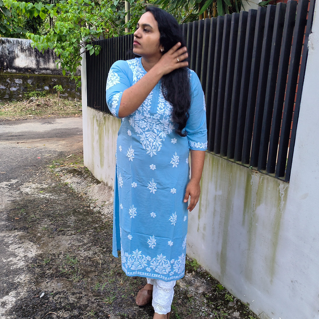 Hand-Chikankari Kurti — Imported Rayon Powder Blue