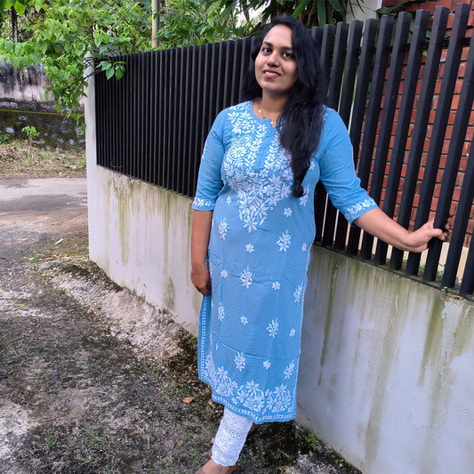 Hand-Chikankari Kurti — Imported Rayon Powder Blue