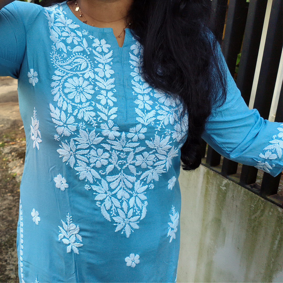Hand-Chikankari Kurti — Imported Rayon Powder Blue