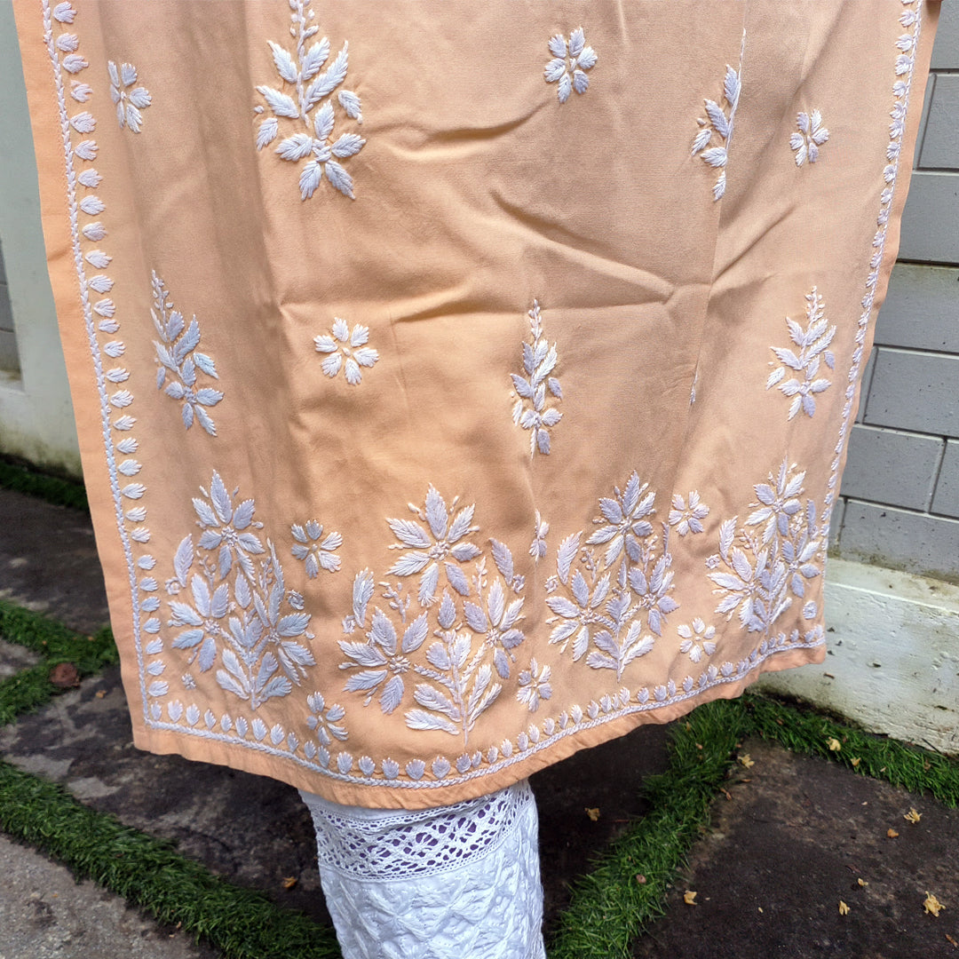 Hand-Chikankari Kurti — Imported Rayon Peach