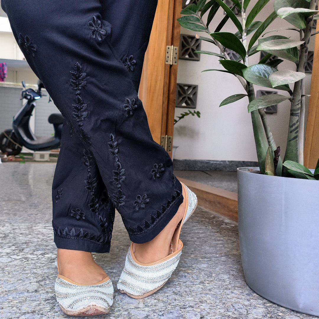 Classic Embroidered Black Stretchable Pants