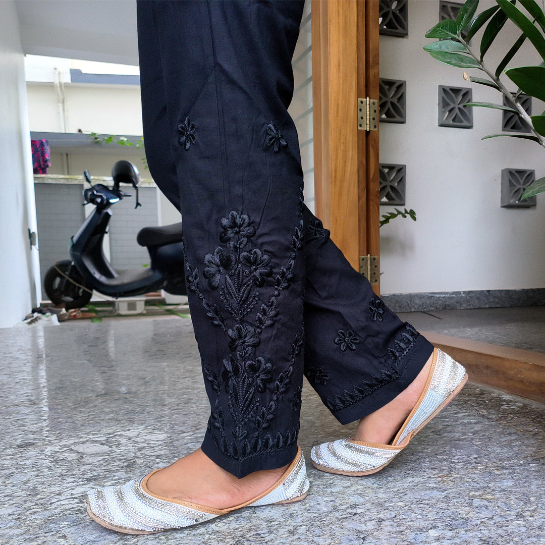 Classic Embroidered Black Stretchable Pants