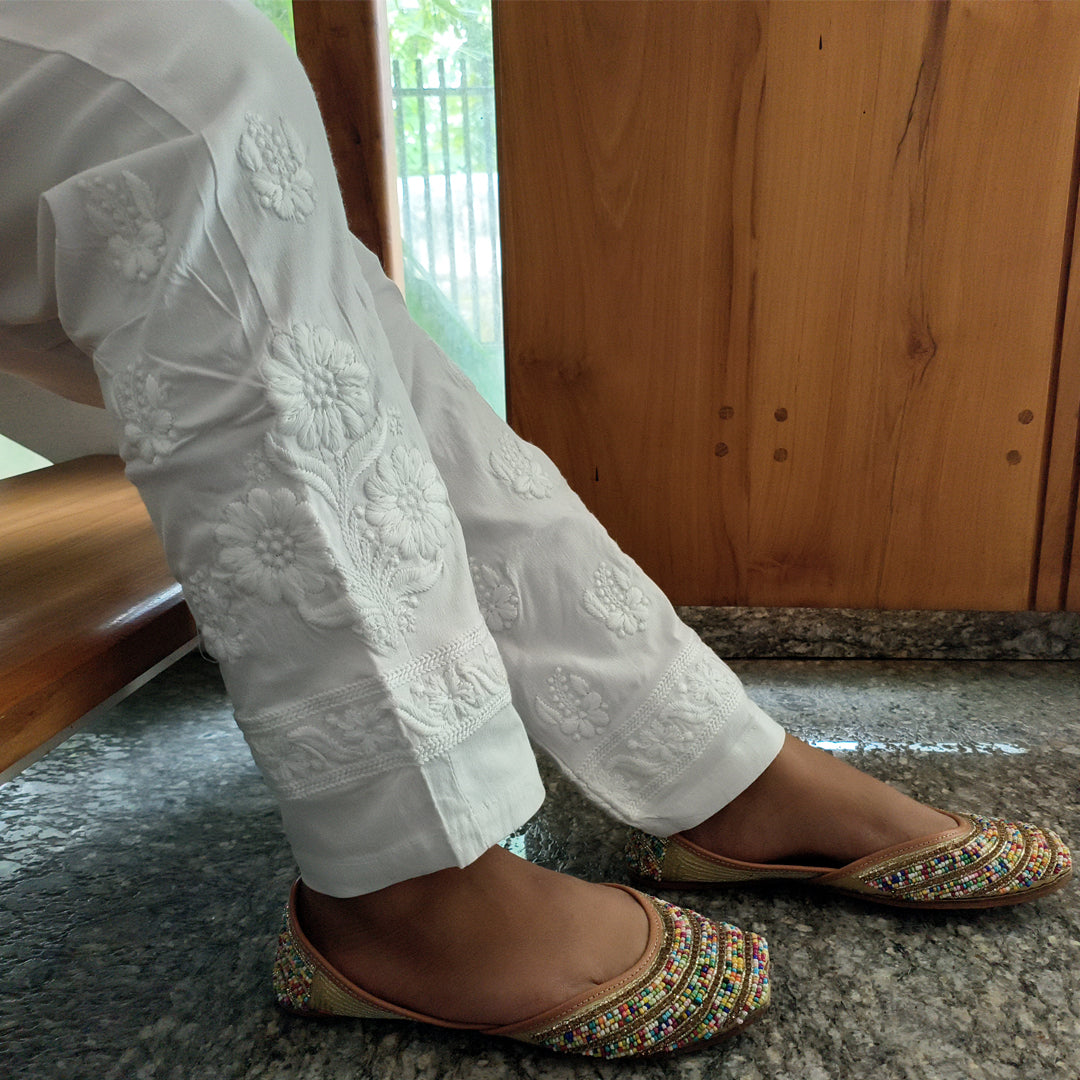 Embroidered White Cotton Pants