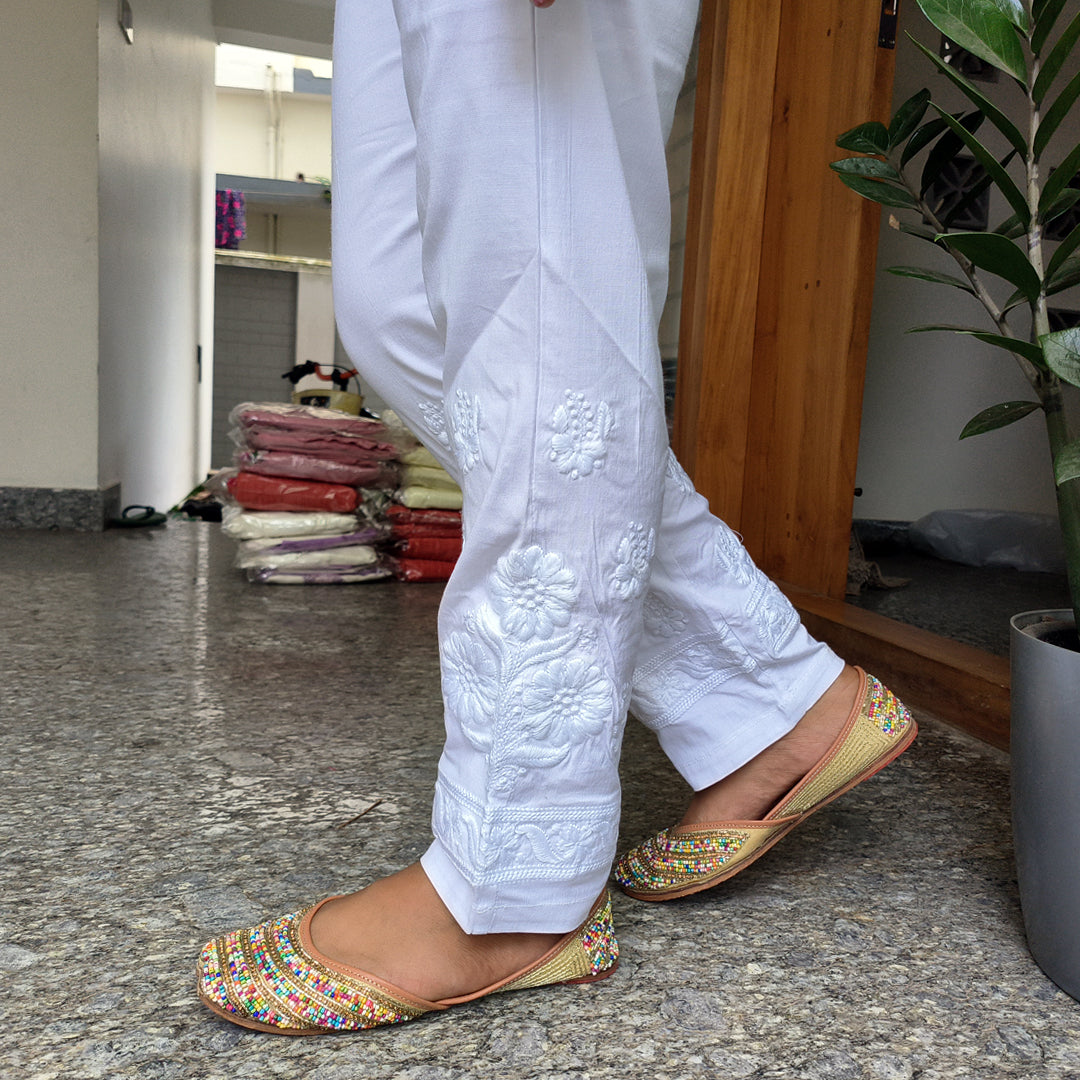 Embroidered White Cotton Pants