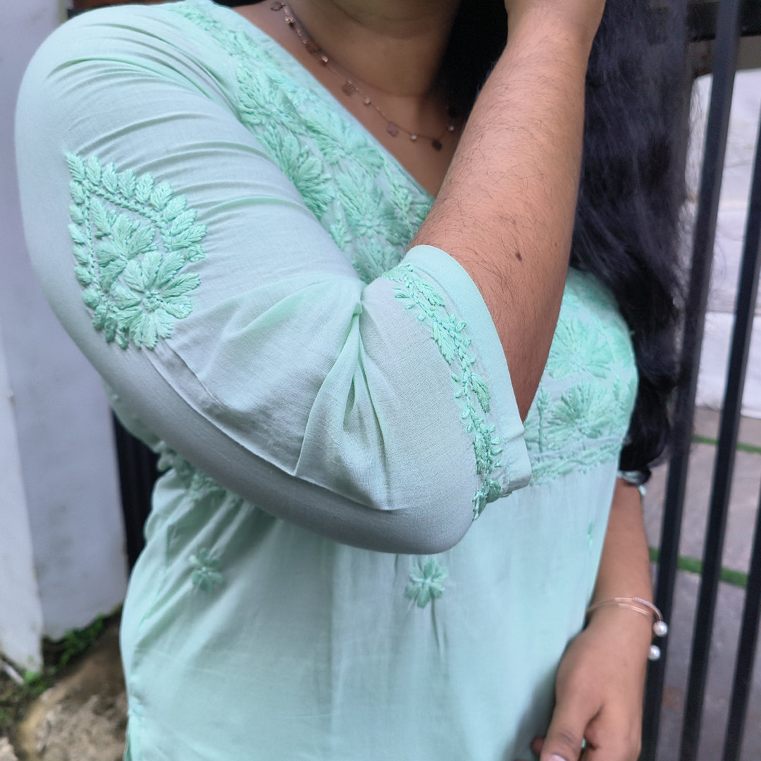 Lucknow Handmade Chikankari Cotton kurti Pista Green