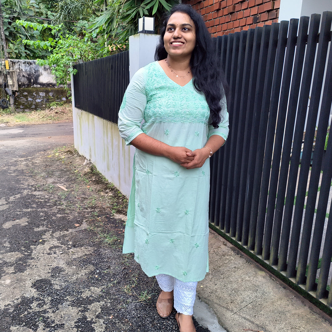 Lucknow Handmade Chikankari Cotton kurti Pista Green