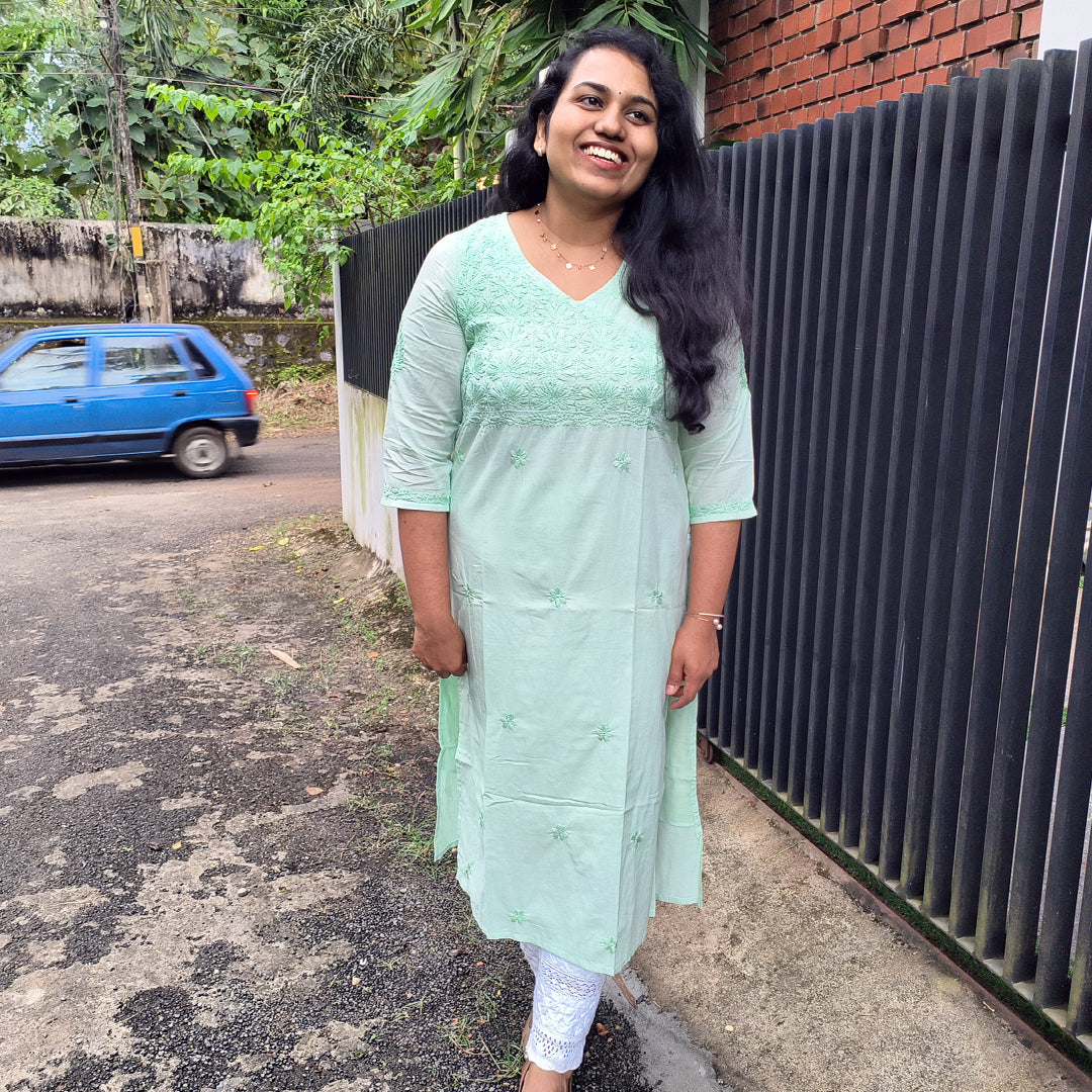 Lucknow Handmade Chikankari Cotton kurti Pista Green