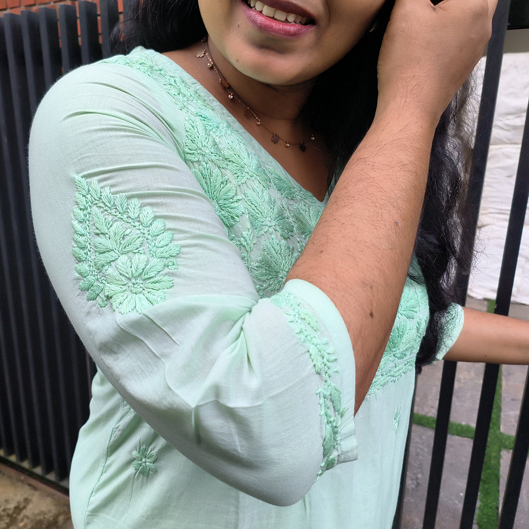 Lucknow Handmade Chikankari Cotton kurti Pista Green