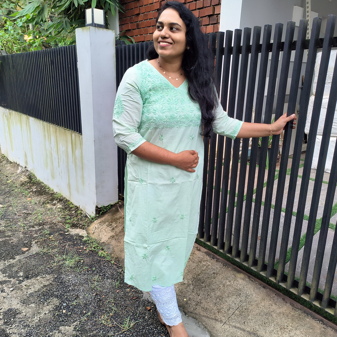 Lucknow Handmade Chikankari Cotton kurti Pista Green