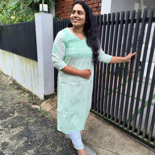 Lucknow Handmade Chikankari Cotton kurti Pista Green