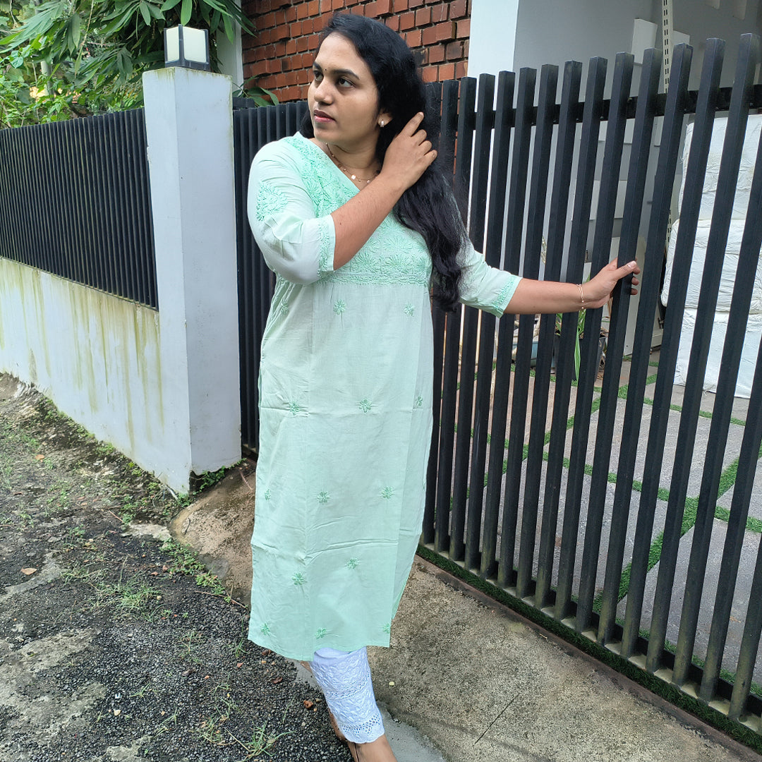 Lucknow Handmade Chikankari Cotton kurti Pista Green