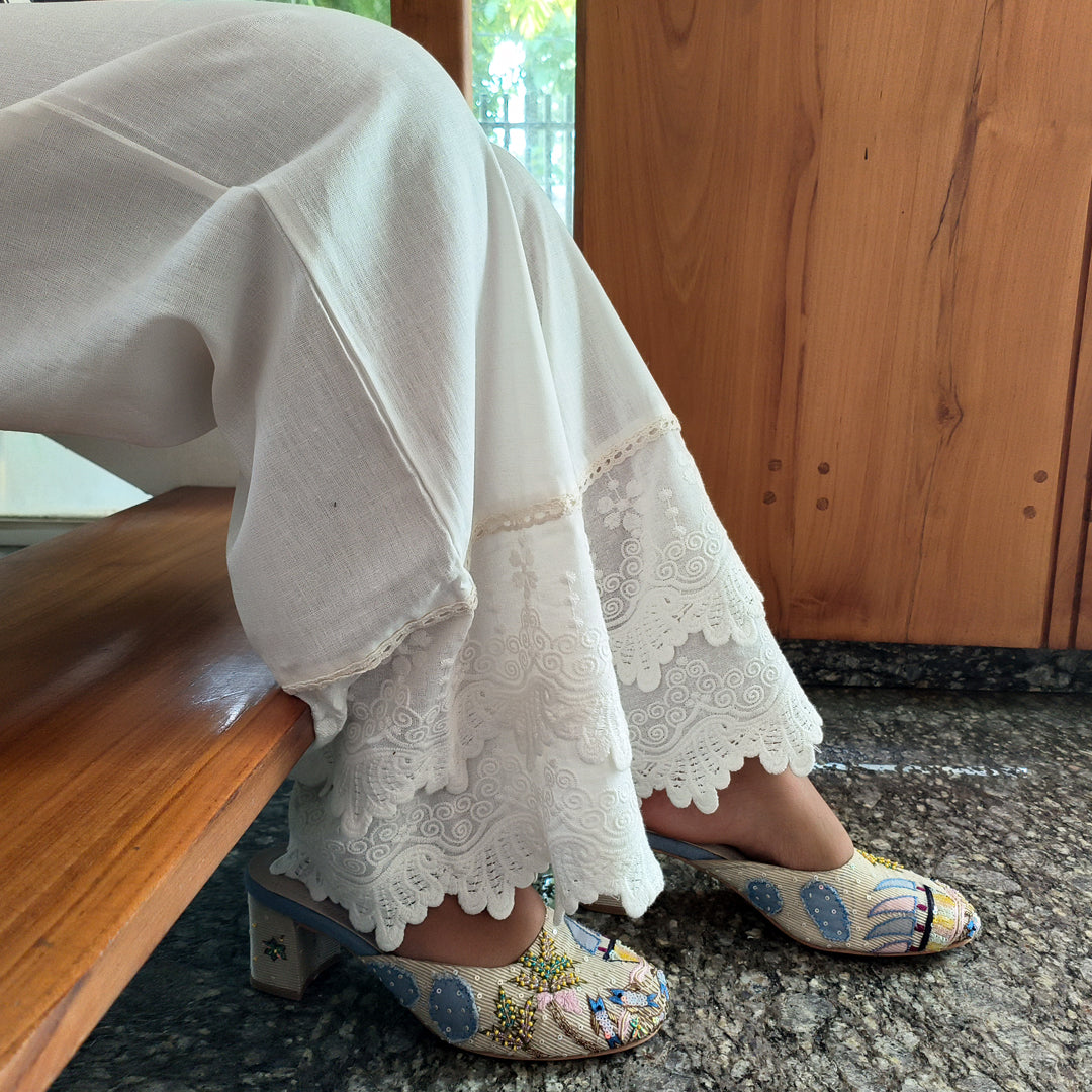Off White Lace Embroidered Palazzo Pants