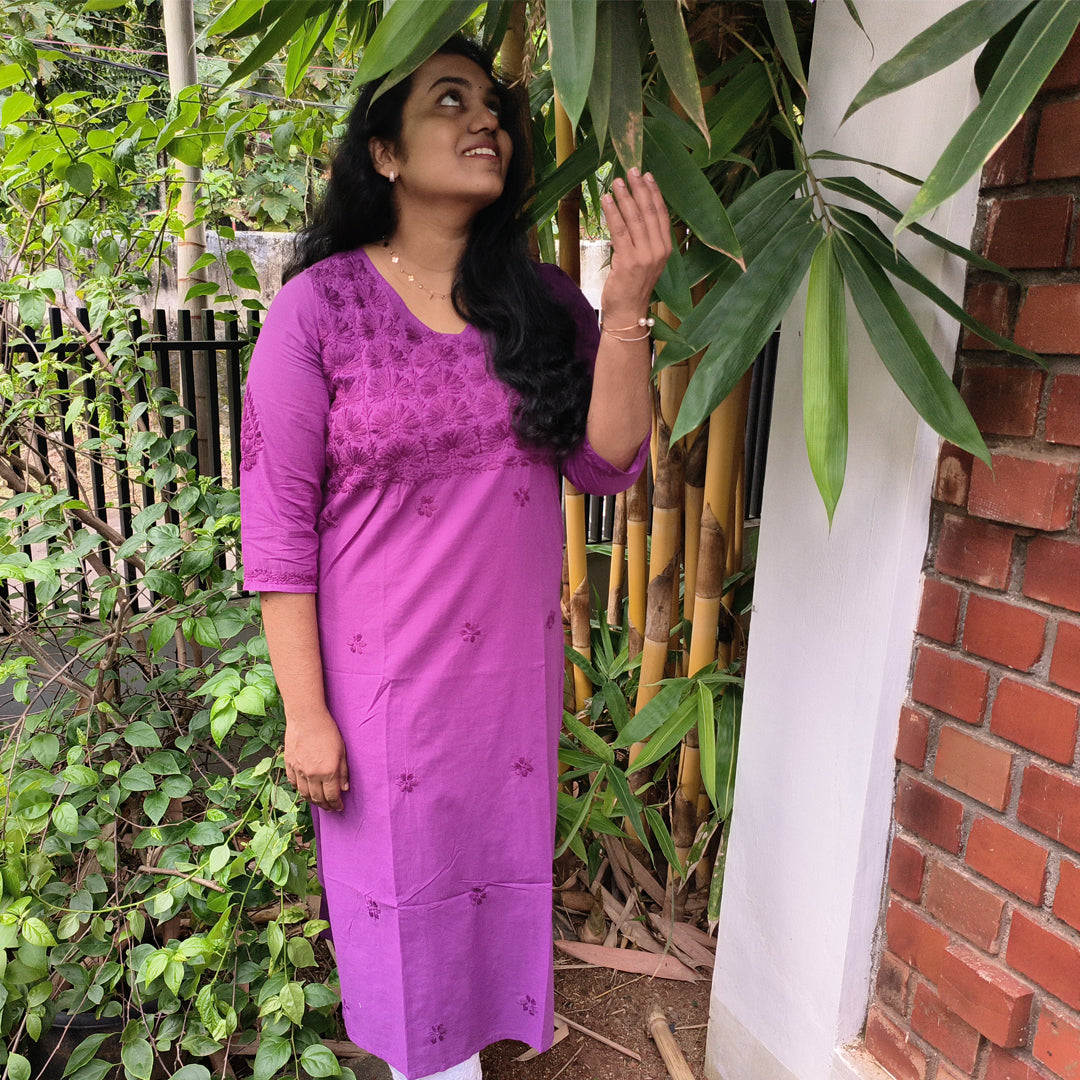 Lucknow Handmade Chikankari Cotton kurti Purple
