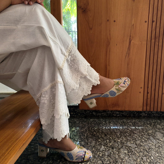 Off White Lace Embroidered Palazzo Pants