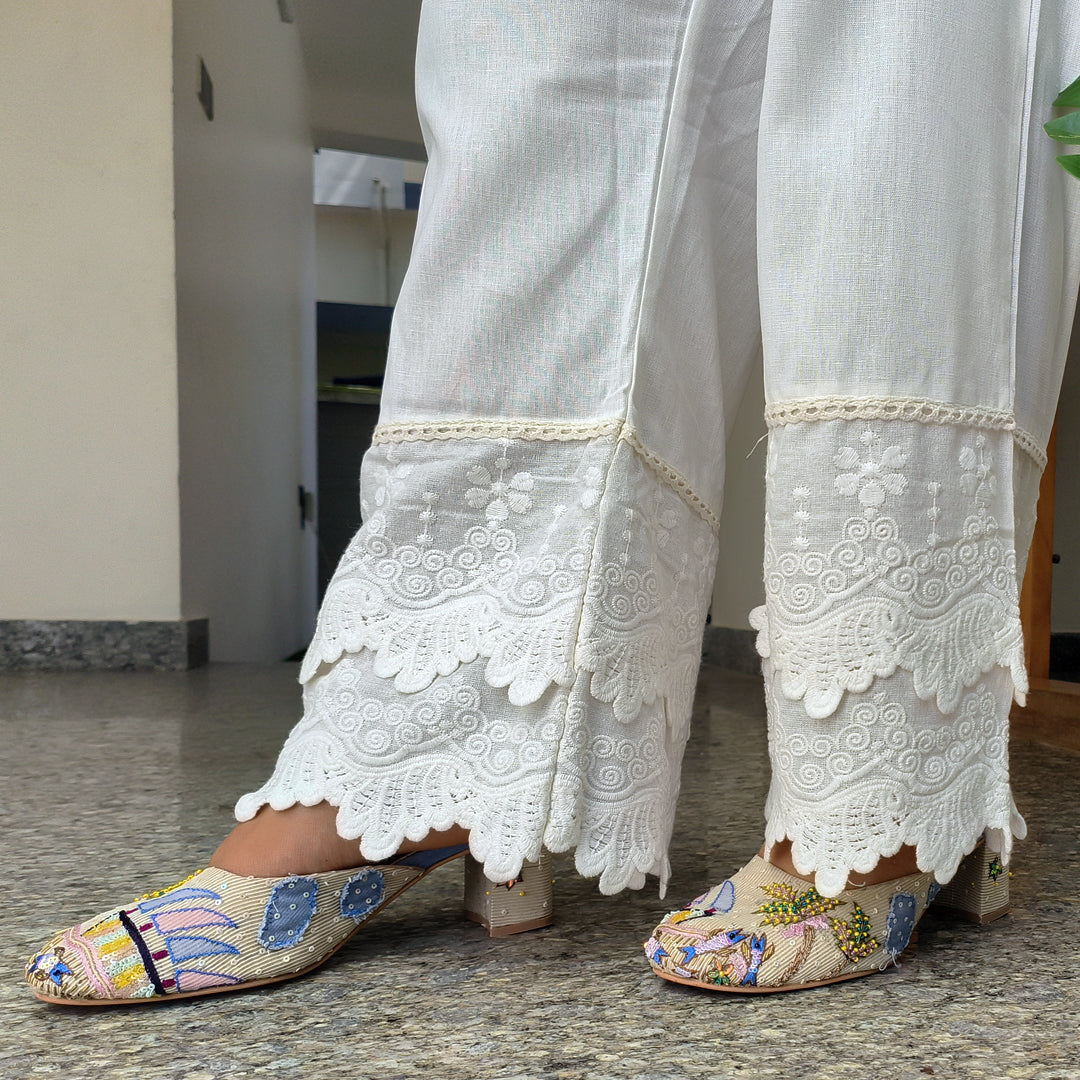Off White Lace Embroidered Palazzo Pants