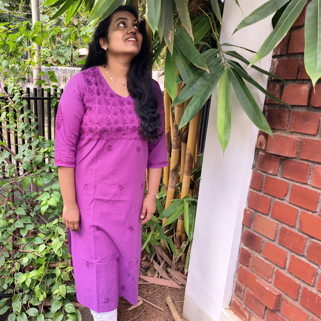 Lucknow Handmade Chikankari Cotton kurti Purple