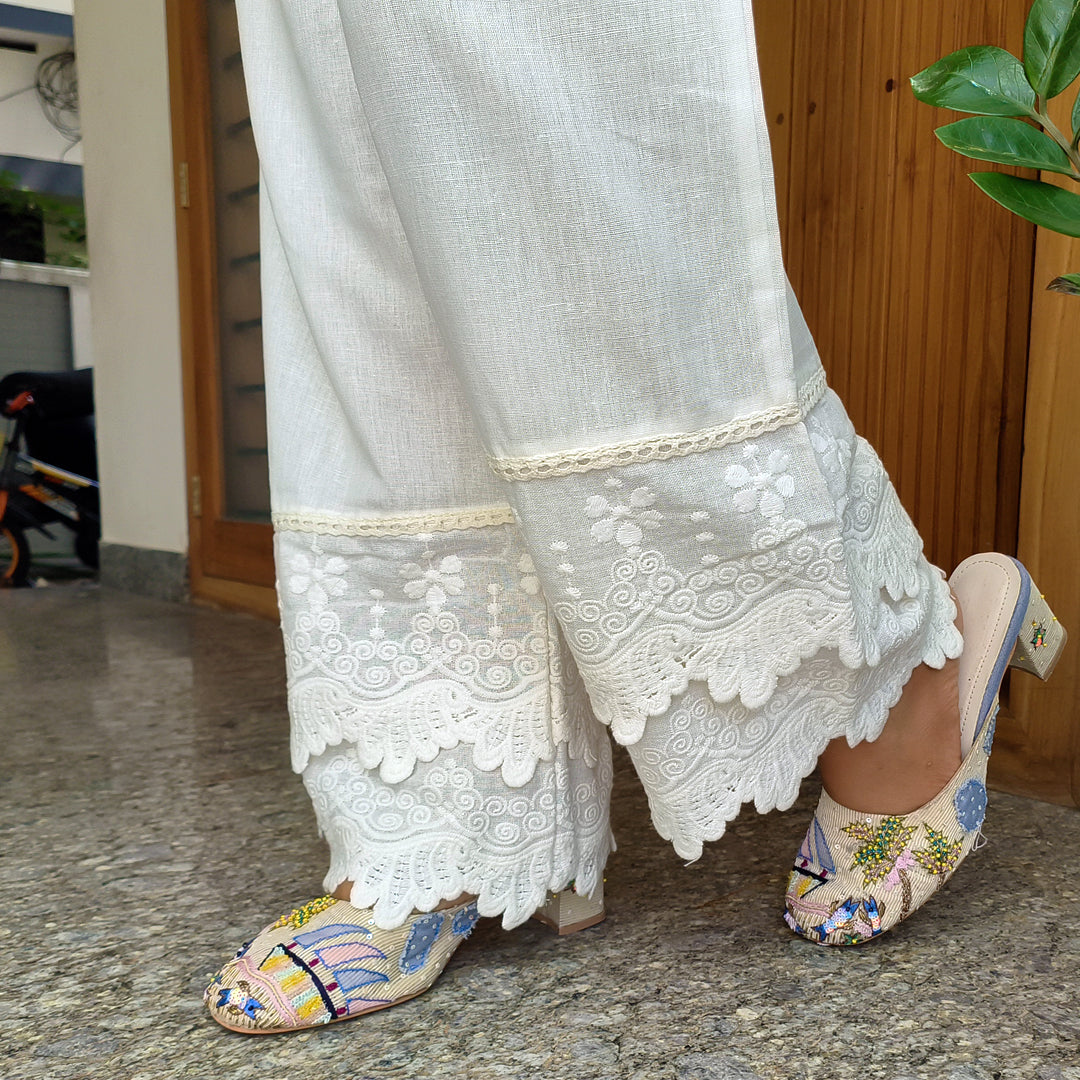 Off White Lace Embroidered Palazzo Pants