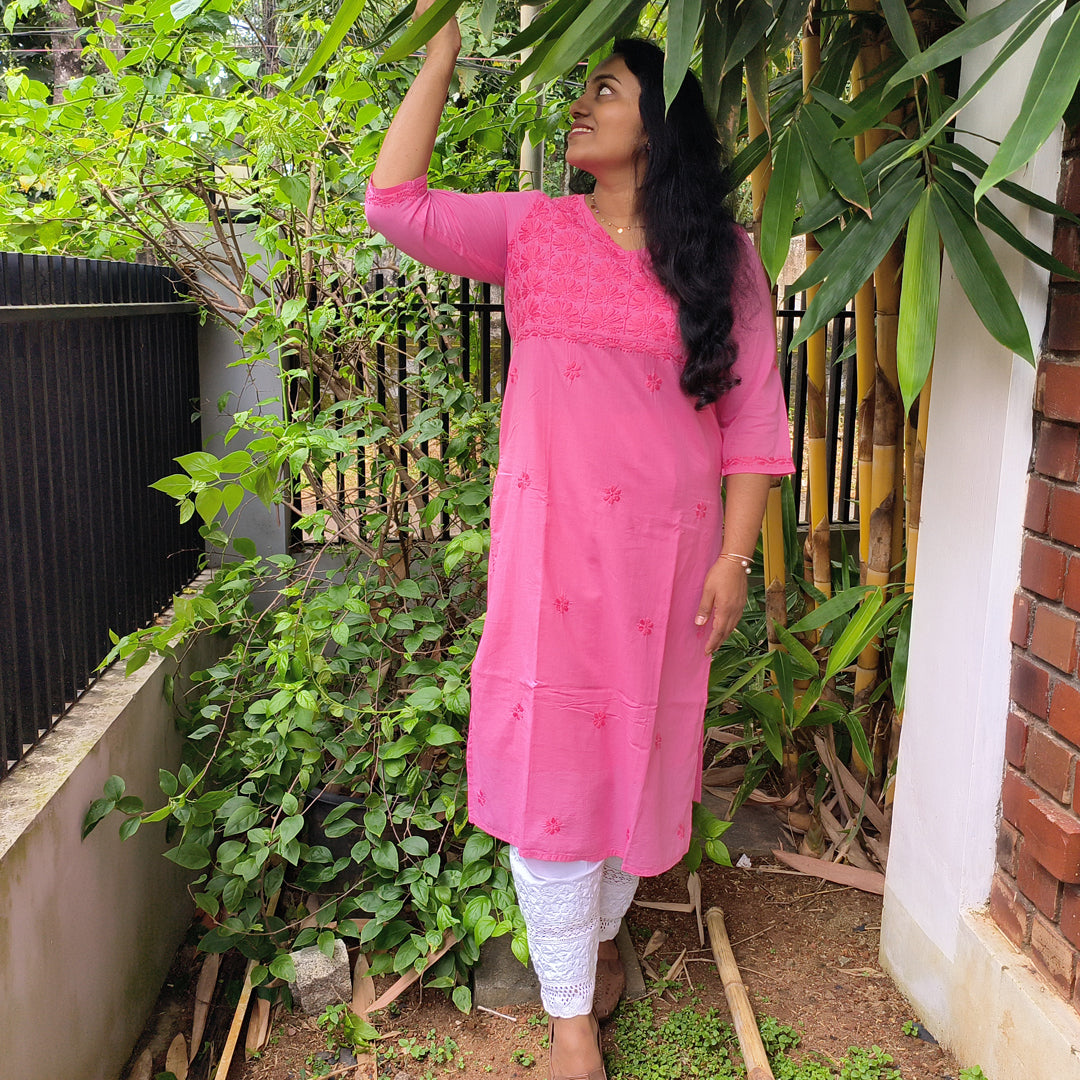 Lucknow Handmade Chikankari Cotton kurti Pink
