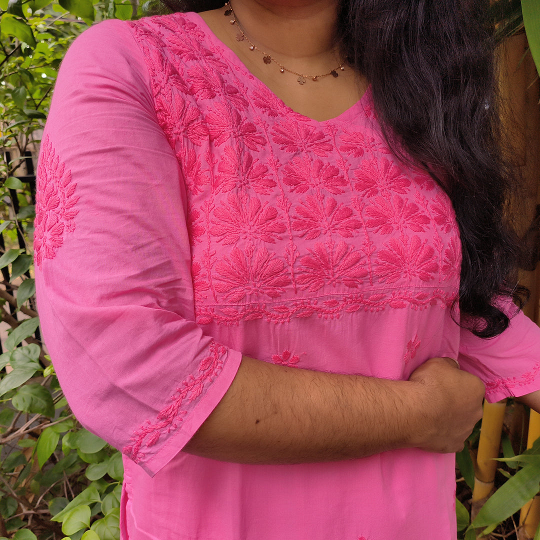 Lucknow Handmade Chikankari Cotton kurti Pink