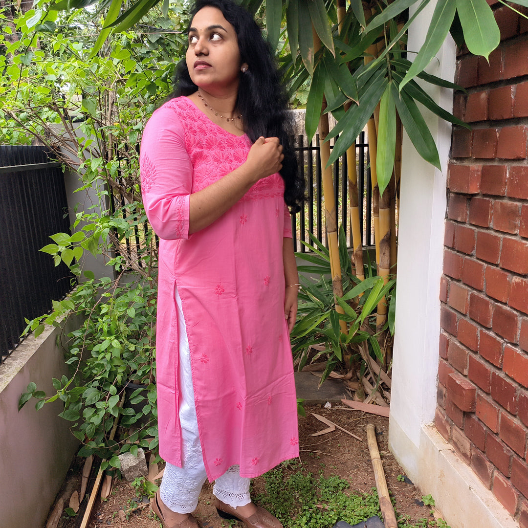 Lucknow Handmade Chikankari Cotton kurti Pink