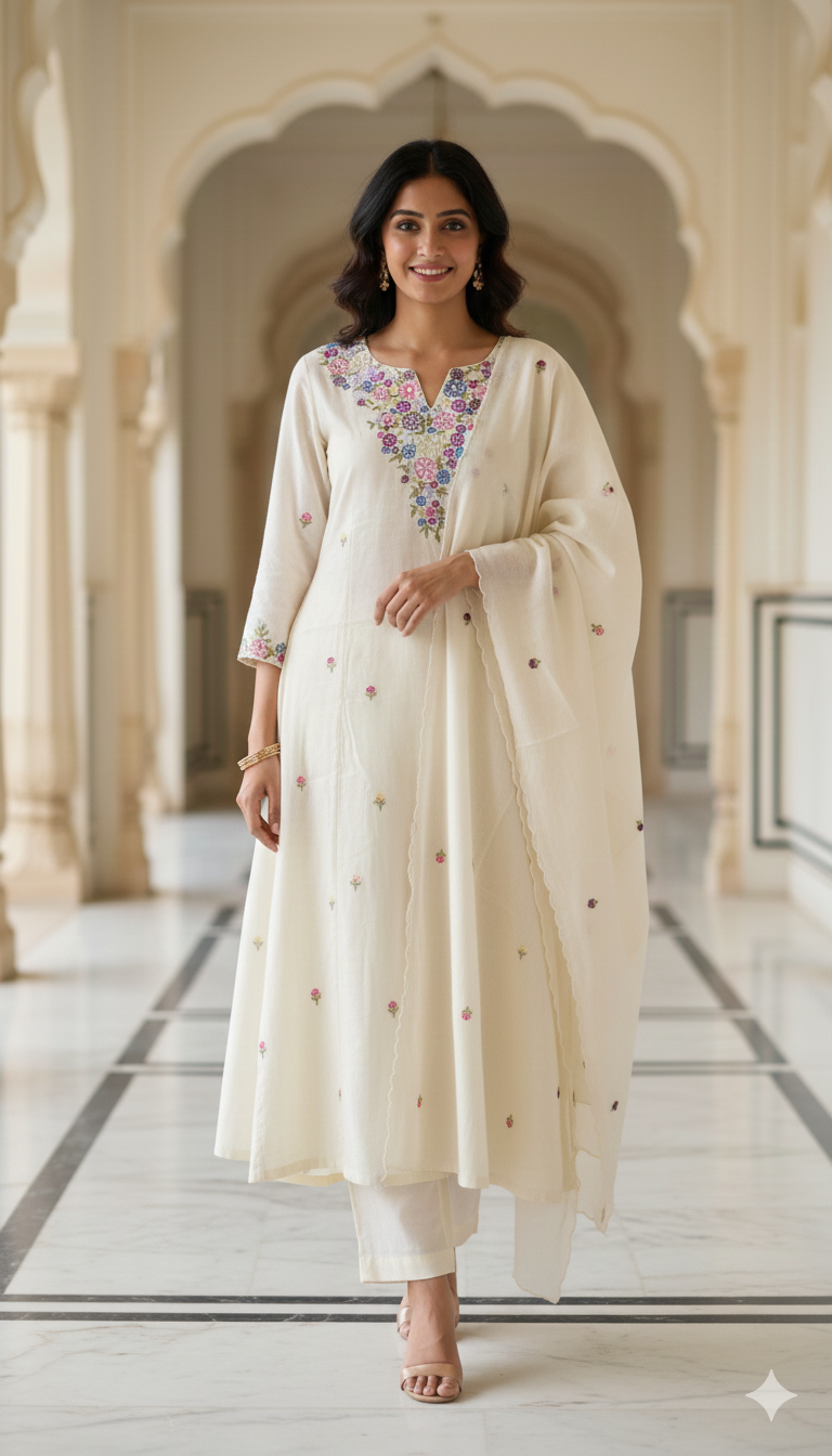Elegant Mull Chanderi Embroidered Suit Set – Cream